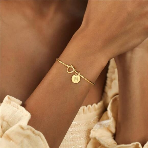 Gold initial bracelet dainty personalized letter cuff bangle jewelry for women - Picture 2 of 8